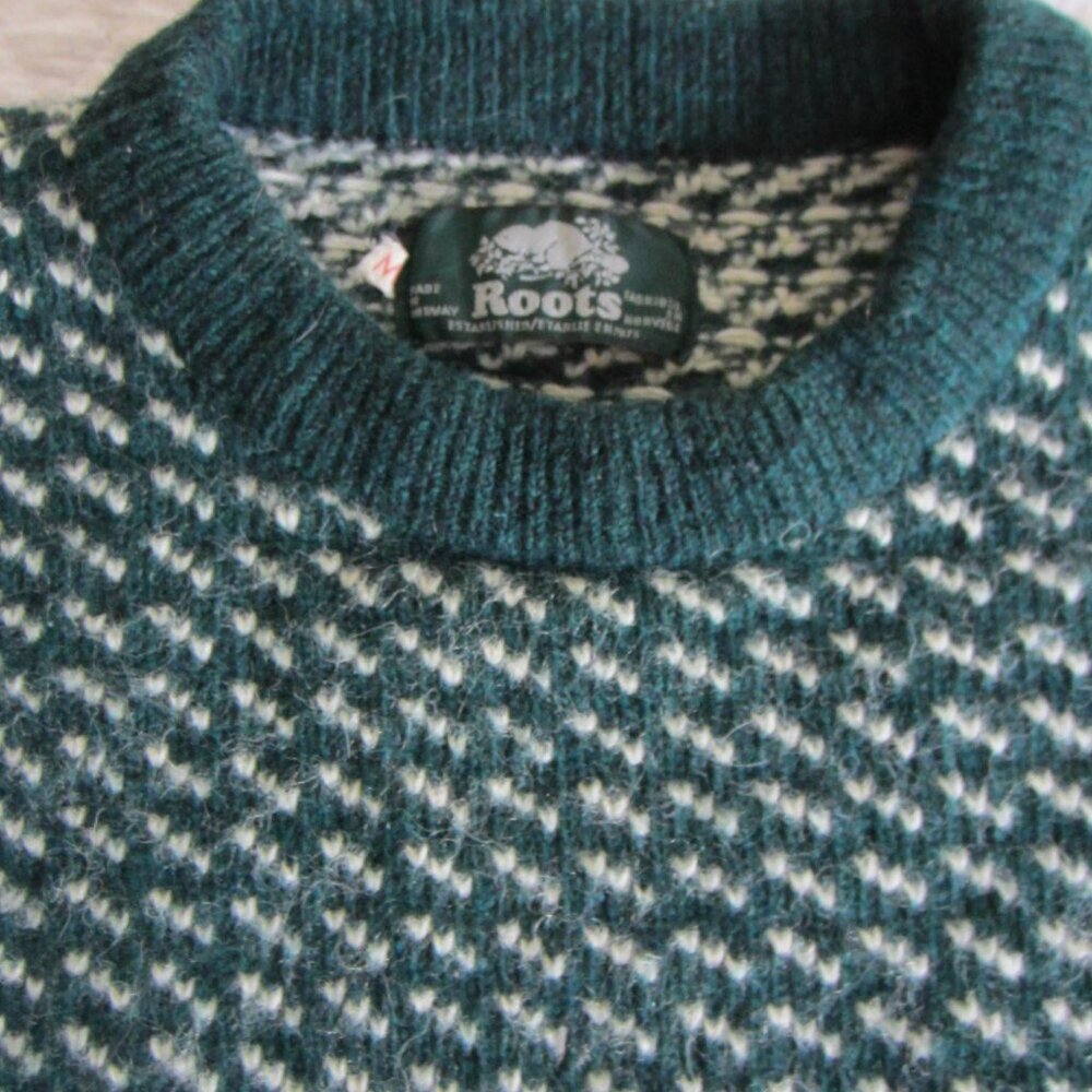Vtg ROOTS Made in Norway Birds Eye Green Heavy Sweater – Men’s Med